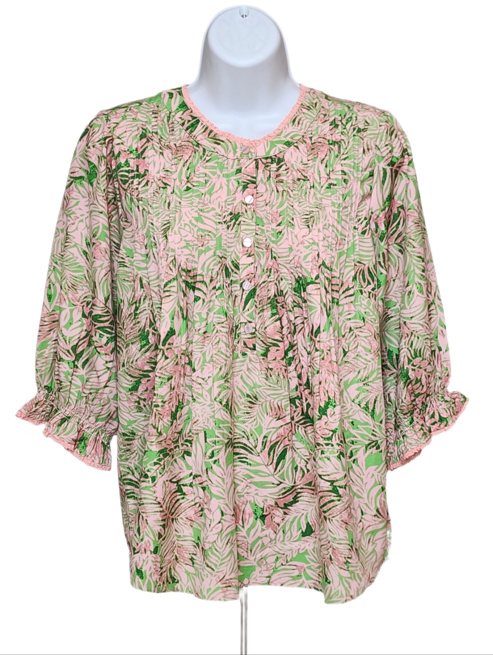 Democracy Leaf Print Lantern Sleeves Stand Collar Pintuck Front Woven Top Size S